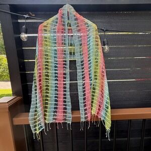 Fleurs Women OS Scarf Multi Color Sheer Rainbow Striped Fringe Boho Fairycore
